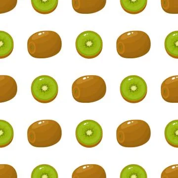 Seamless pattern with fresh whole and half kiwi fruit on white background. Su Stock Illustration