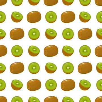 Seamless pattern with fresh whole and half kiwi fruit on white background. Su Stock Illustration