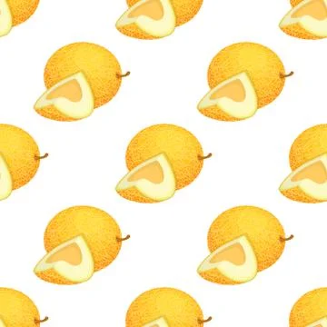 Seamless pattern with fresh whole and cut slice melon fruit on white backgrou Illustrazione stock