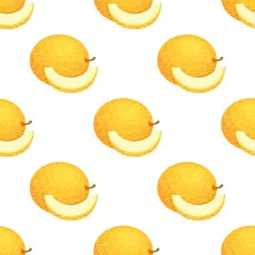 Seamless pattern with fresh whole and cut slice melon fruit on white backgrou イラスト素材