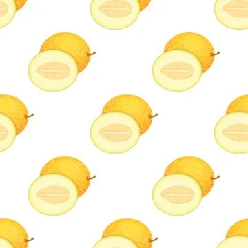 Seamless pattern with fresh whole and half melon fruit on white background. H Stock Illustration