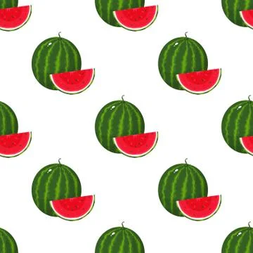 Seamless pattern with fresh whole and cut slice watermelon fruit on white bac Stock Illustration