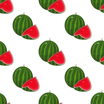 Seamless pattern with fresh whole and cut slice watermelon fruit on white bac Stock Illustration