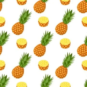 Seamless pattern with fresh whole and half pineapple fruit with leaves on whi Stock Illustration