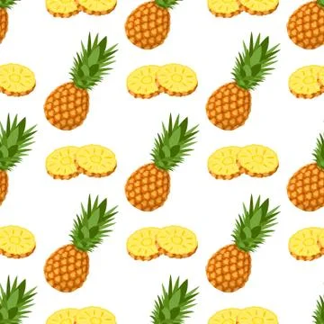 Seamless pattern with fresh whole and cut slices pineapple fruit with leaves  Stock Illustration