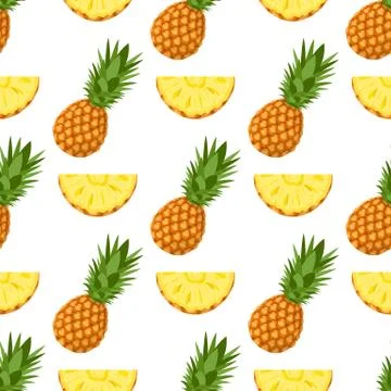 Seamless pattern with fresh whole and cut slices pineapple fruit with leaves  Stock Illustration