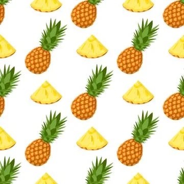 Seamless pattern with fresh whole and cut slices pineapple fruit with leaves  Stock Illustration
