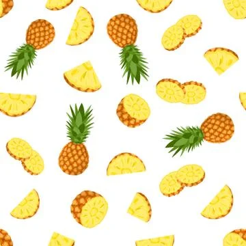 Seamless pattern with fresh whole and cut slices pineapple fruit with leaves  Stock Illustration