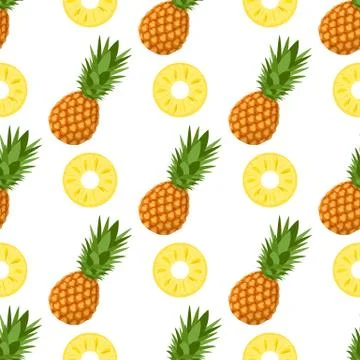 Seamless pattern with fresh whole and cut slices pineapple fruit with leaves  Stock Illustration