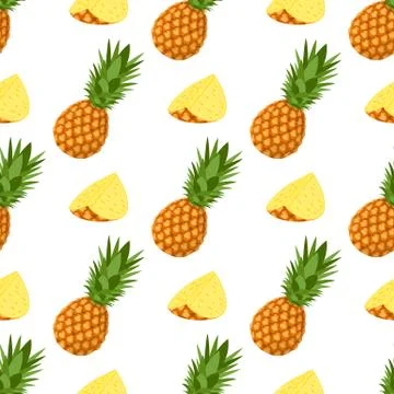 Seamless pattern with fresh whole and cut slices pineapple fruit with leaves  Stock Illustration