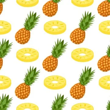 Seamless pattern with fresh whole and cut slices pineapple fruit with leaves  Stock Illustration