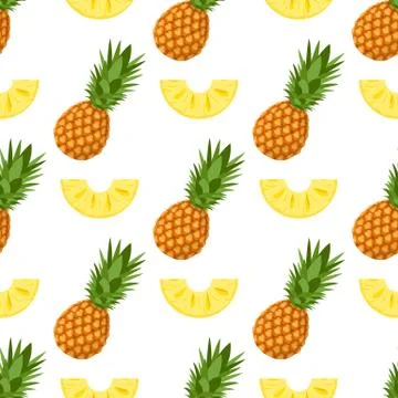 Seamless pattern with fresh whole and cut slices pineapple fruit with leaves  Stock Illustration