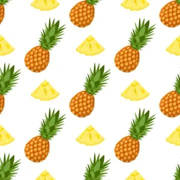 Seamless pattern with fresh whole and cut slices pineapple fruit with leaves  Stock Illustration