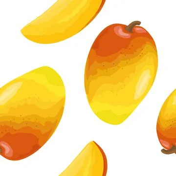 Seamless pattern fresh whole and slice mango. Isolated on white Stock Illustration
