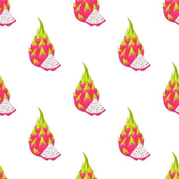 Seamless pattern with fresh whole and cut slice red pitaya fruits isolated on Stock Illustration