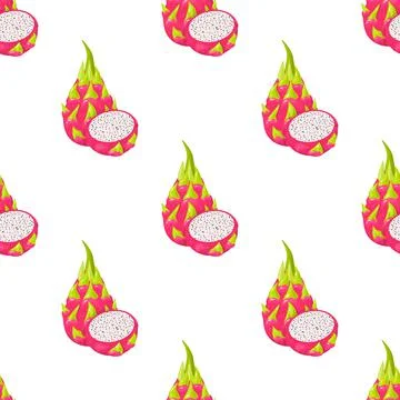 Seamless pattern with fresh whole and half cut red pitaya fruits isolated on  Stock Illustration