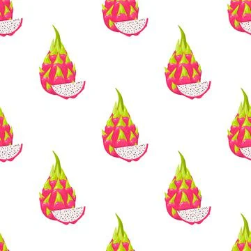 Seamless pattern with fresh whole and cut slice red pitaya fruits isolated on Stock Illustration