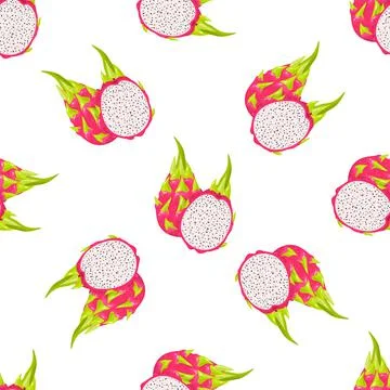 Seamless pattern with fresh whole and half cut red pitaya fruits isolated on  Stock Illustration