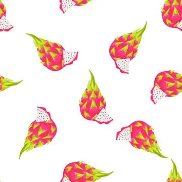 Seamless pattern with fresh whole and cut slice red pitaya fruits isolated on Stock Illustration