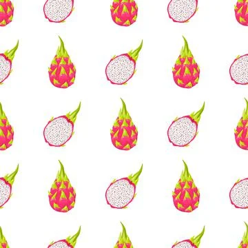 Seamless pattern with fresh whole and half cut red pitaya fruits isolated on  Stock Illustration