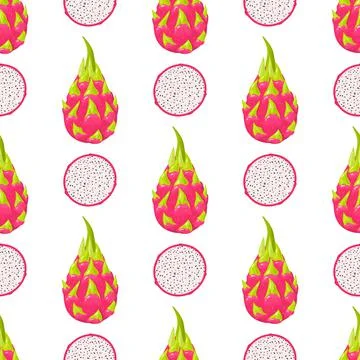 Seamless pattern with fresh whole and half cut red pitaya fruits isolated on  Stock Illustration