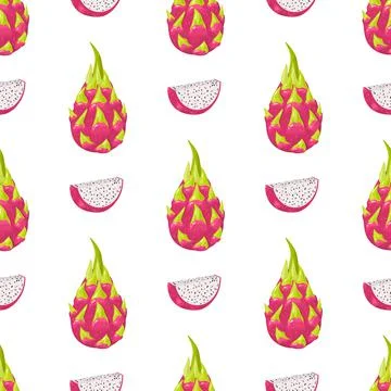 Seamless pattern with fresh whole and cut slice red pitaya fruits isolated on Stock Illustration