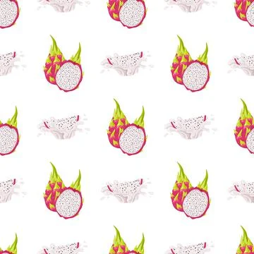 Seamless pattern with fresh whole and half cut red pitaya fruits isolated on  Stock Illustration