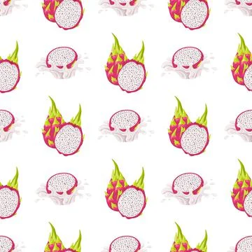 Seamless pattern with fresh whole and half cut red pitaya fruits isolated on  Stock Illustration
