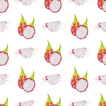 Seamless pattern with fresh whole and half cut red pitaya fruits isolated on  Stock Illustration