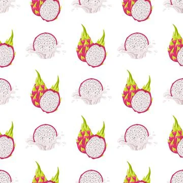 Seamless pattern with fresh whole and half cut red pitaya fruits isolated on  Stock Illustration