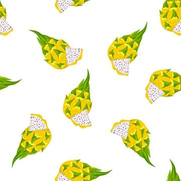 Seamless pattern with fresh whole and cut yellow pitaya fruits isolated on wh Stock Illustration