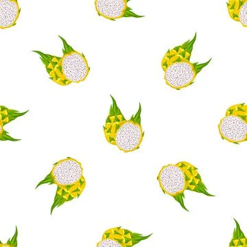 Seamless pattern with fresh whole and cut yellow pitaya fruits isolated on wh Stock Illustration