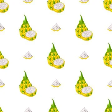 Seamless pattern with fresh whole and cut yellow pitaya fruits isolated on wh Stock Illustration