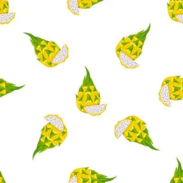 Seamless pattern with fresh whole and cut yellow pitaya fruits isolated on wh Stock Illustration