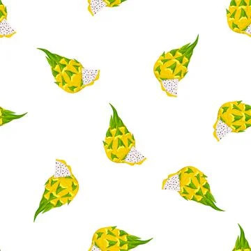 Seamless pattern with fresh whole and cut yellow pitaya fruits isolated on wh Stock Illustration