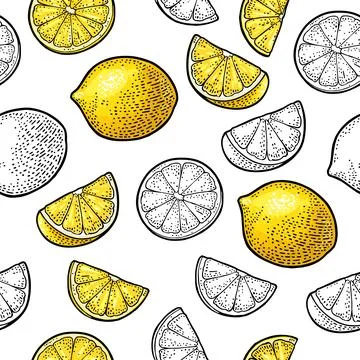 Seamless pattern fresh whole and slice lemon. Isolated on white Stock Illustration
