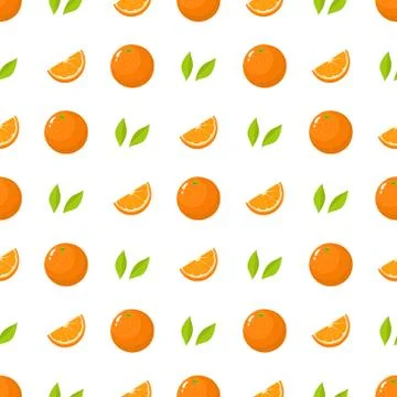 Seamless pattern with fresh whole, cut slice of orange fruit and green leaves 스톡 일러스트