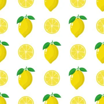 Seamless pattern with fresh whole, half lemon fruit on white background. Vector. Stock Illustration