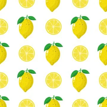 Seamless pattern with fresh whole, half lemon fruit on white background. Vector. 스톡 일러스트