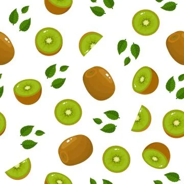 Seamless pattern with fresh whole half slice kiwi fruit and leaves on white b Stock Illustration