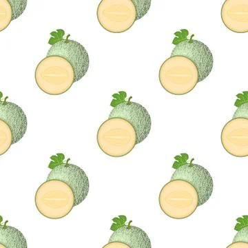 Seamless pattern with fresh whole, half melon fruit isolated on white backgro Stock Illustration