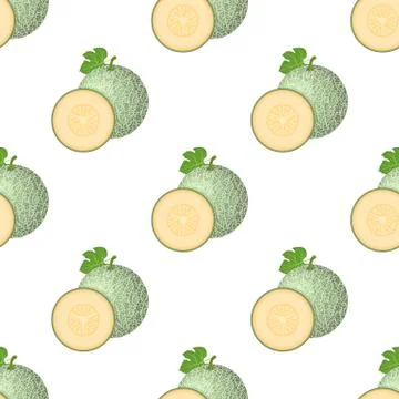 Seamless pattern with fresh whole, half melon fruit isolated on white backgro Stock Illustration