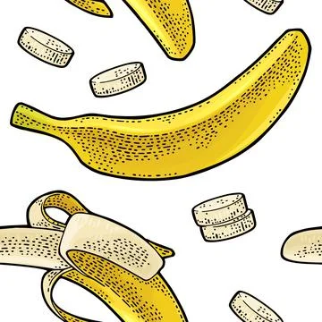 Seamless pattern fresh whole, half peeled and slice banana. Isolated on white Stockillustratie