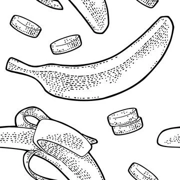 Seamless pattern fresh whole, half peeled and slice banana. Isolated on white Stock-Illustration