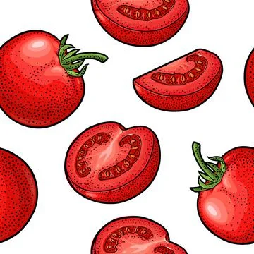 Seamless pattern fresh whole, half and slice tomato. Isolated on the white ba Stock Illustration