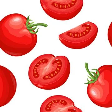 Seamless pattern fresh whole, half and slice tomato. Isolated on the white ba Stock Illustration