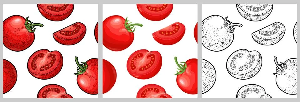Seamless pattern fresh whole, half and slice tomato. Isolated on the white ba Stock Illustration