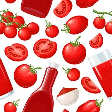 Seamless pattern fresh whole, half and slice tomato. Isolated on the white ba Stock Illustration