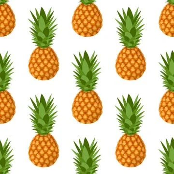 Seamless pattern with fresh whole pineapple fruit with leaves on white backgr Stock Illustration