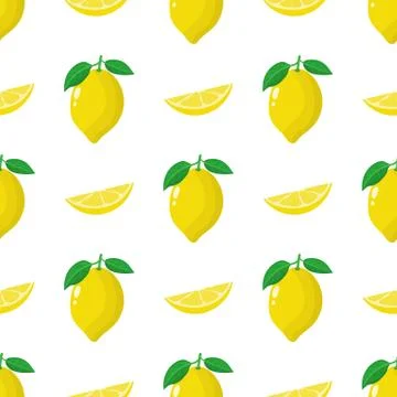 Seamless pattern with fresh whole, slice lemon fruit on white background. Vector Illustrazione stock